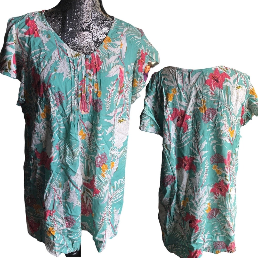 Suzanne Betro womens 1X teal pleated 1/4 button flutter sleeve flower blouse NWT